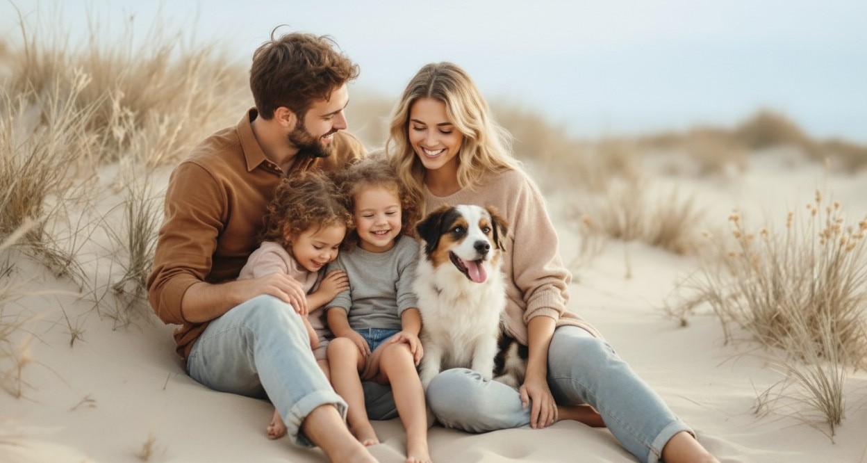 Familie gemeinsam am Strand in den Dünen